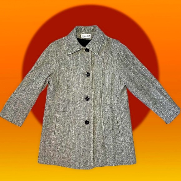 Vintage 80s 90s Does Mod Schoolgirl Prep Herman Kay Grey Herringbone Wool Coat